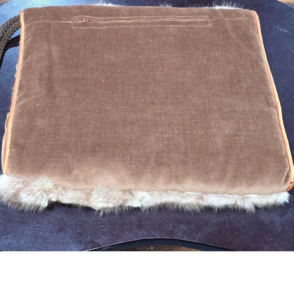 Vintage Real Fur Hand Muff Brown Velvet Back‎ Orange Satin Lining Zipper Pocket